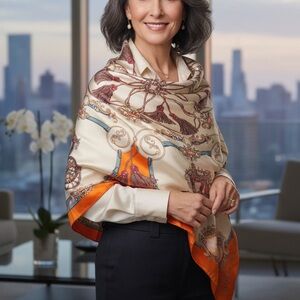 Elegant Silk Scarf with Orange and Cream Design